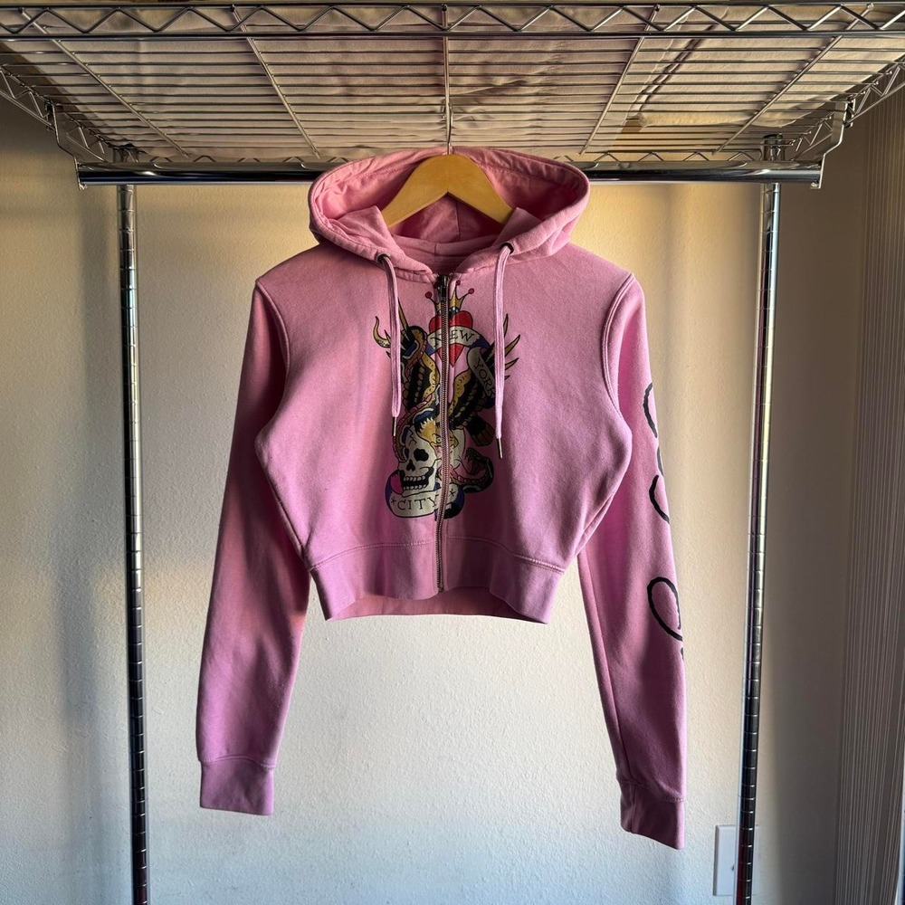 Ed Hardy Pink Cropped Zip Up Hoodie New York City Skull Snake Tattoo Graphic M